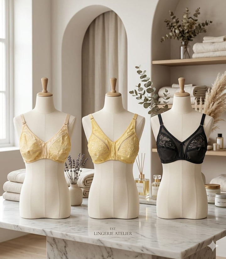 Pack of 3 Lace Cotton Net Bralettes – Wire-Free Soft Cup Bra Set for Women | Nude, Butter Yellow & Classic Black