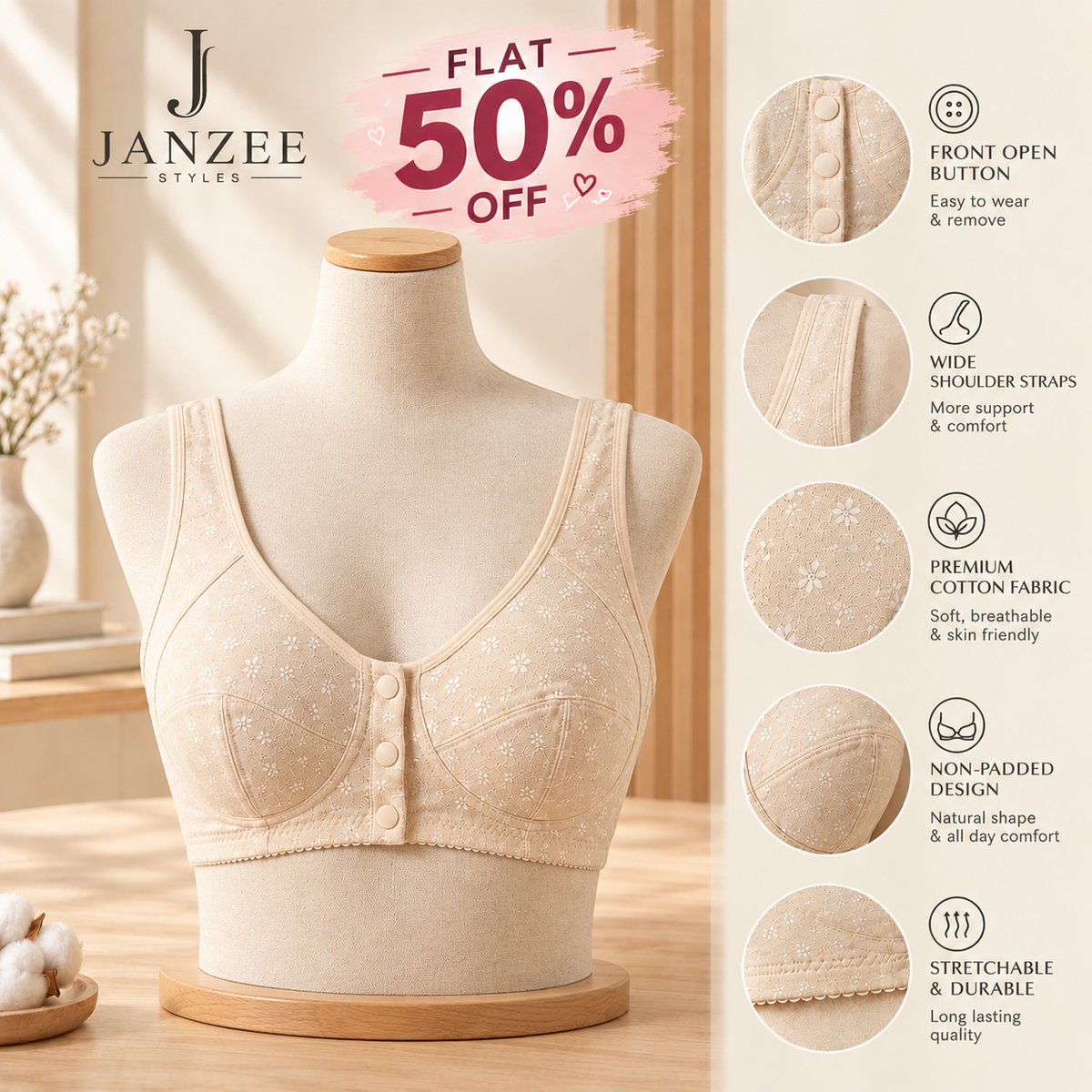 Premium Button Bra – Everyday Comfort & Secure Fit | Pack of 2